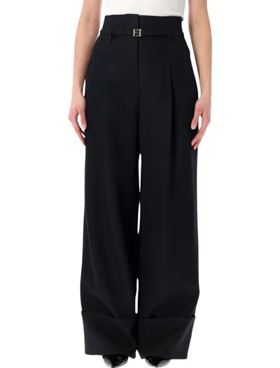 Fendi Black Grain De Poudre Wool Pants In Black