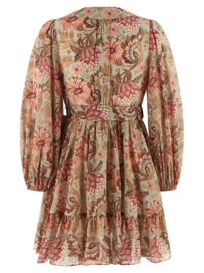 Zimmermann Daylight Mini Wrap Frill Dress Stamp Floral Sage In Brown
