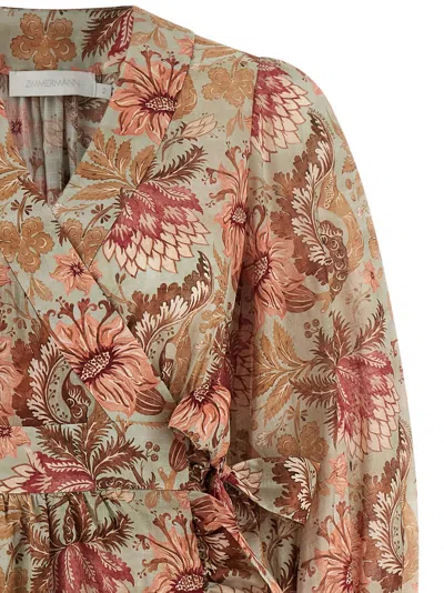 Zimmermann Daylight Mini Wrap Frill Dress Stamp Floral Sage In Brown