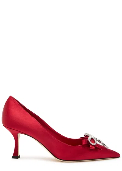 Jimmy Choo Aura 70 Crystal Bow-embellished Satin Pumps In Red
