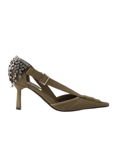 Prada Canvas Pumps Slingback Pointed Toe Embellished Heel In Green