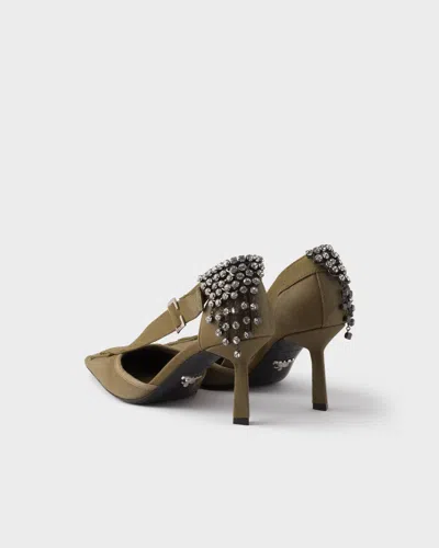 Prada Canvas Pumps Slingback Pointed Toe Embellished Heel In Green