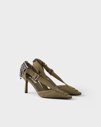 Prada Canvas Pumps Slingback Pointed Toe Embellished Heel In Green