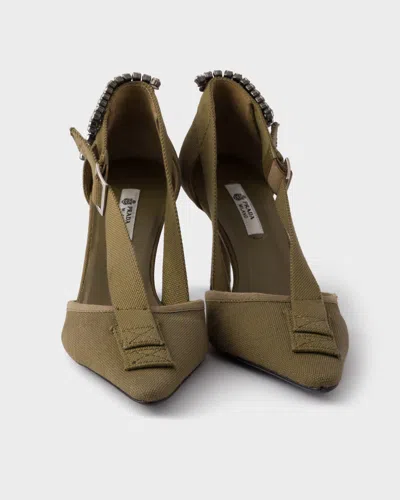 Prada Canvas Pumps Slingback Pointed Toe Embellished Heel In Green