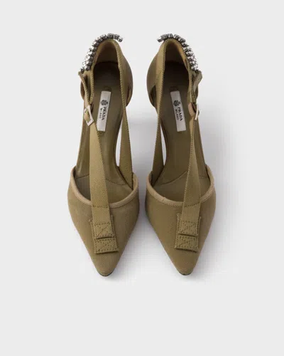 Prada Canvas Pumps Slingback Pointed Toe Embellished Heel In Green