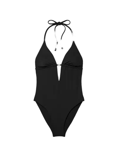 Tory Burch Halter Neck Plunge Swimsuit Ring Detail In Black