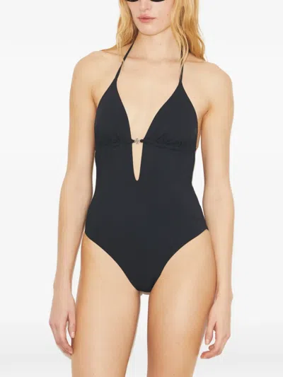 Tory Burch Halter Neck Plunge Swimsuit Ring Detail In Black