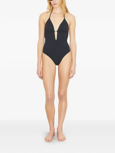 Tory Burch Halter Neck Plunge Swimsuit Ring Detail In Black