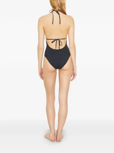 Tory Burch Halter Neck Plunge Swimsuit Ring Detail In Black