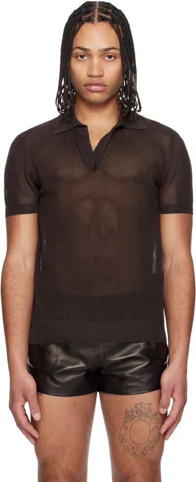 Tom Ford Mens Chocolate Open-collar Mesh Cotton And Silk-blend Polo Top In Brown
