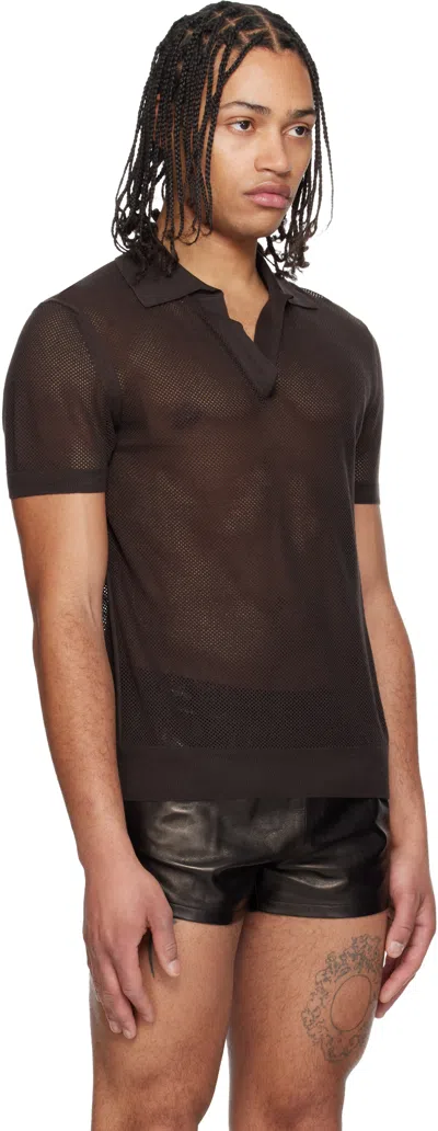 Tom Ford Mens Chocolate Open-collar Mesh Cotton And Silk-blend Polo Top In Brown
