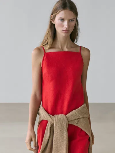 Massimo Dutti Linen Midi Dress With Straight Neckline In Red