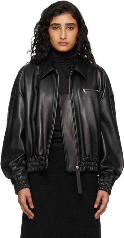 Jil Sander Leather Bomber Jacket Collared Pockets Elasticated Hem In Black