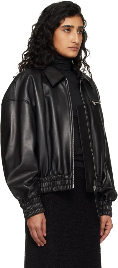 Jil Sander Leather Bomber Jacket Collared Pockets Elasticated Hem In Black