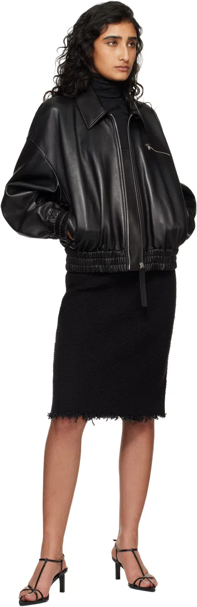 Jil Sander Leather Bomber Jacket Collared Pockets Elasticated Hem In Black