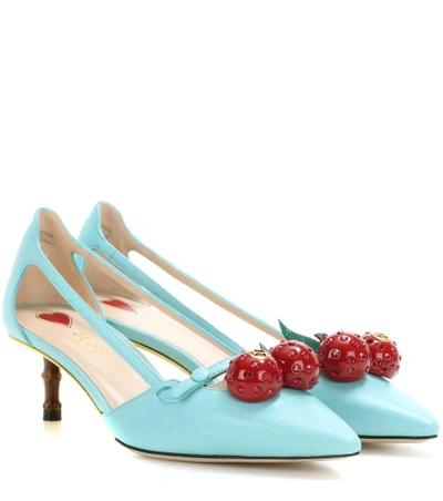 Gucci Unia Cherry-embellished Leather Pumps In Turquoise
