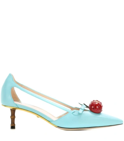 Shop Gucci Cherry Patent Leather Pumps In Turquoise