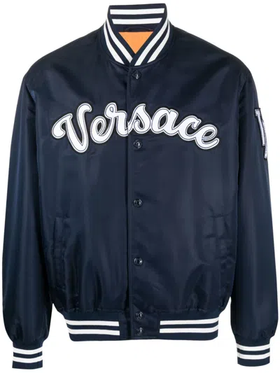 Versace Navy Blue Logo-patch Bomber Jacket In Black