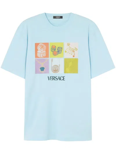 Versace Crew Neck Graphic Print Short Sleeves In Blue