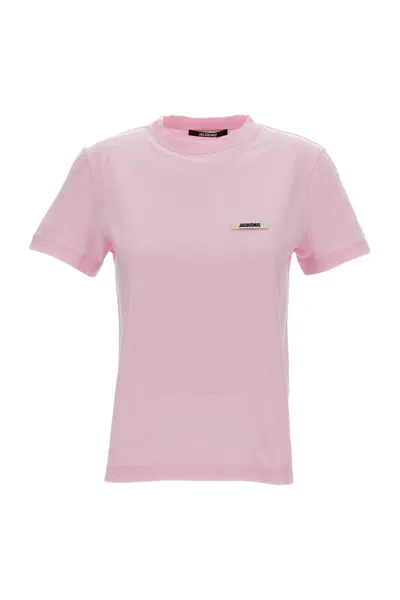 Jacquemus Pink Crew Neck T-shirt With Logo Patch On The Front In Cotton Woman
