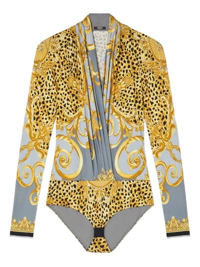 Versace Draped Printed Satin-jersey Bodysuit In Gray