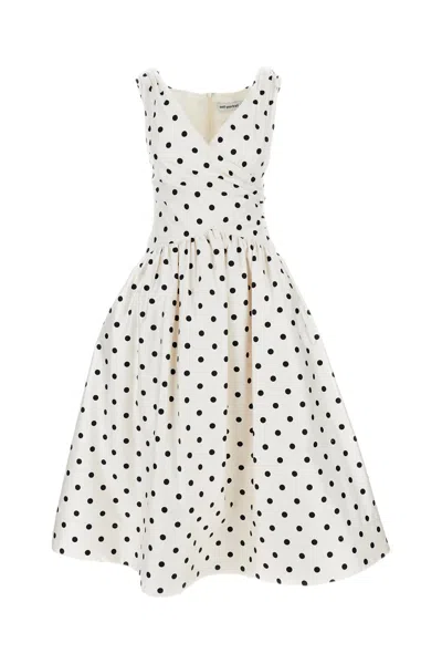 Self-portrait White Dress With All-over Polka Dot And Flared Skirt In Cotton Woman In Orange
