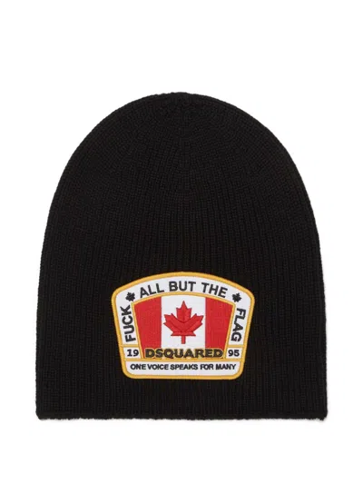 Dsquared2 Knit Beanie With Rectangular Logo Patch In Black