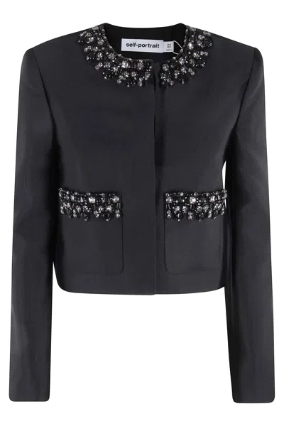 Self-portrait Black Taffeta Embellished Trim Jacket In Blue