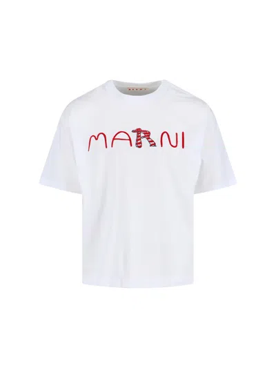 Marni Cotton T-shirt With Flocked Animal Alphabet Logo In White