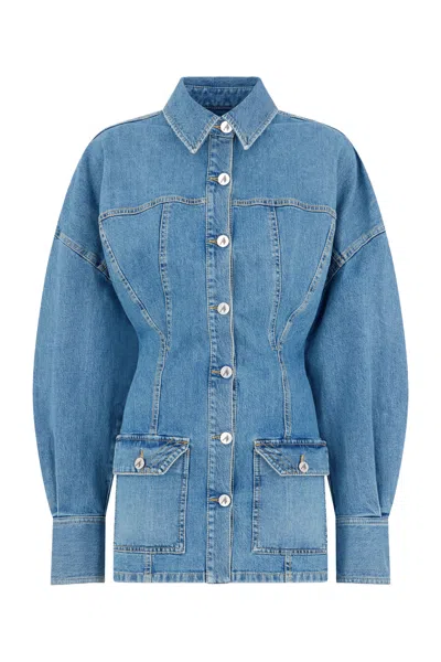 Attico Denim Mini Dress Front Pockets Long Sleeves In Blue