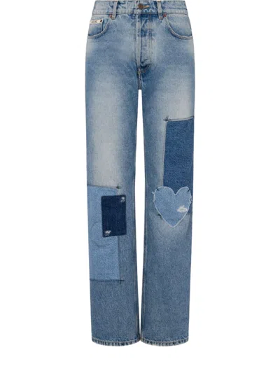 Moschino High-rise Denim Trousers With Patchwork Detailing In Blue