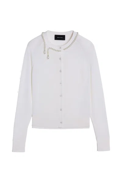 Simone Rocha Merino Silk Cardigan With Embroidered Pearl Neckline In White