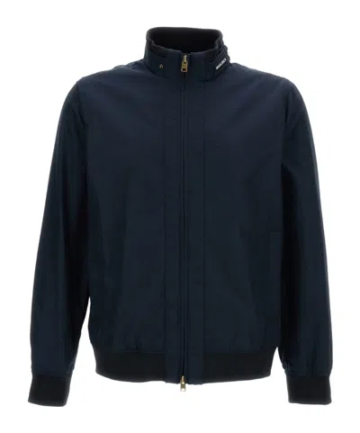 Woolrich High Collar Blue Bomber Jacket With Two-way Zip Closure In Blue