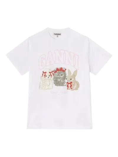 Ganni Graphic Print Crew Neck Short Sleeve Top In White