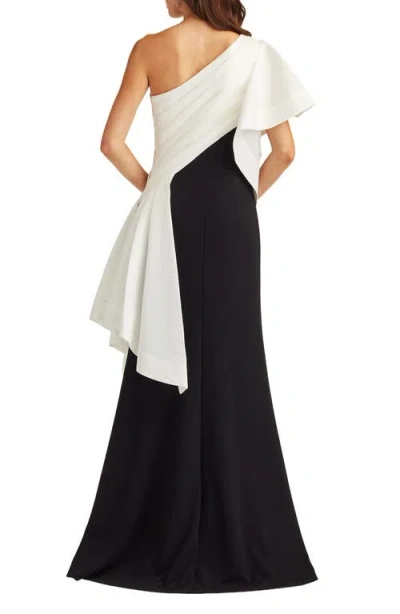 Tadashi Shoji Draped One-shoulder Mixed Media Gown In Black