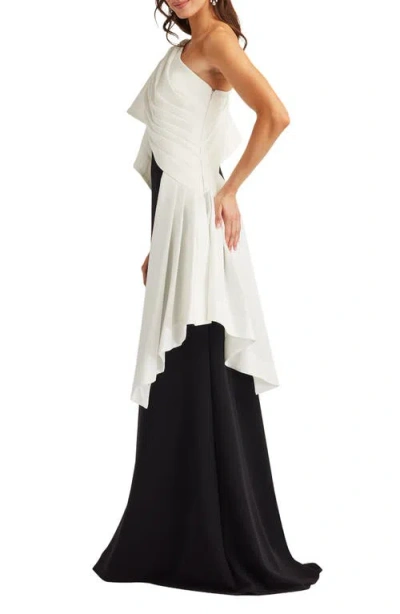 Tadashi Shoji Draped One-shoulder Mixed Media Gown In Black