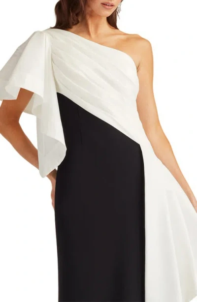 Tadashi Shoji Draped One-shoulder Mixed Media Gown In Black