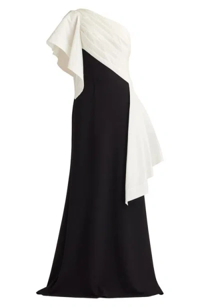 Tadashi Shoji Draped One-shoulder Mixed Media Gown In Black