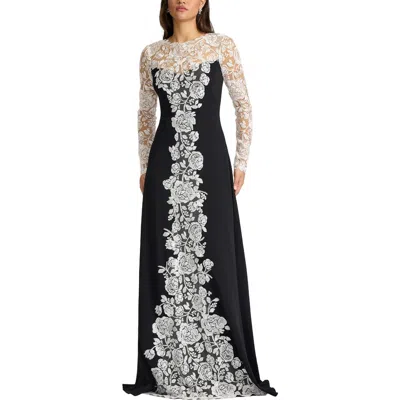 Tadashi Shoji Lace Detail Long Sleeve Crepe Gown In Black