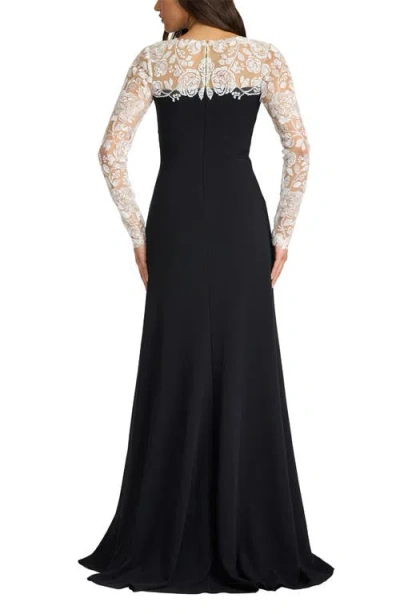 Tadashi Shoji Lace Detail Long Sleeve Crepe Gown In Black