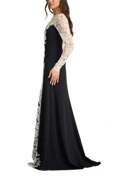 Tadashi Shoji Lace Detail Long Sleeve Crepe Gown In Black