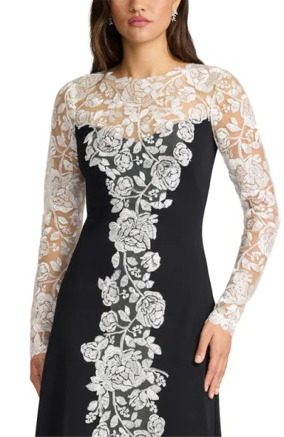 Tadashi Shoji Lace Detail Long Sleeve Crepe Gown In Black
