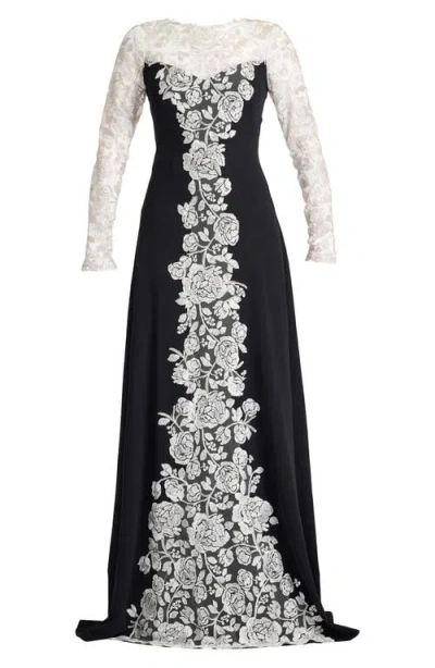 Tadashi Shoji Lace Detail Long Sleeve Crepe Gown In Black