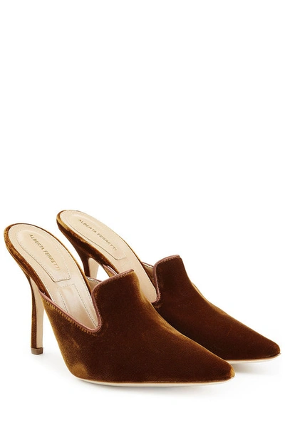 Alberta Ferretti Velvet Mules With Stiletto Heel In Brown