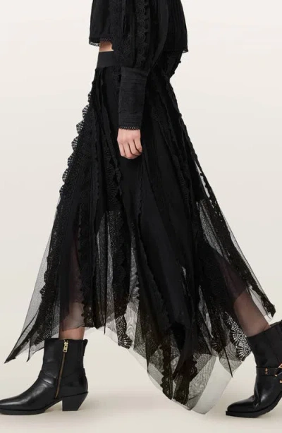 Allsaints Vashtie Mixed Lace Handkerchief Hem Skirt In Black