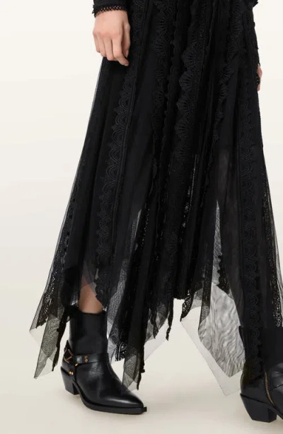 Allsaints Vashtie Mixed Lace Handkerchief Hem Skirt In Black