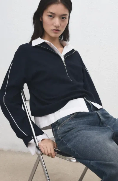 Mango Contrast Stripe Half Zip Sweater In Blue