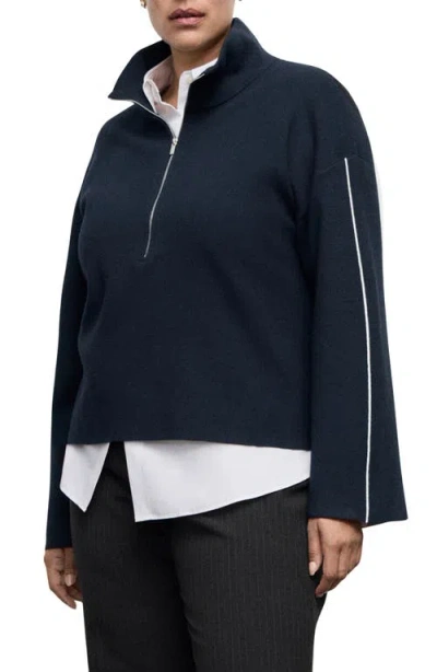 Mango Contrast Stripe Half Zip Sweater In Blue