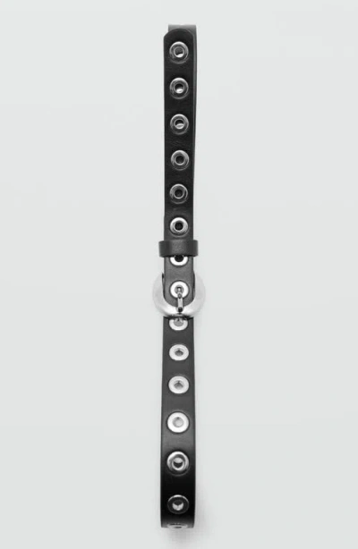 Mango Thin Eyelets Belt In Black