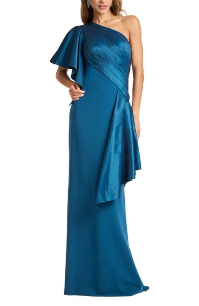 Tadashi Shoji Draped One-shoulder Taffeta Crepe Gown In Blue